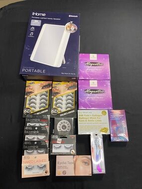 False Lashes Gift Basket with Cordless iHome portable light vanity, Eye Masks